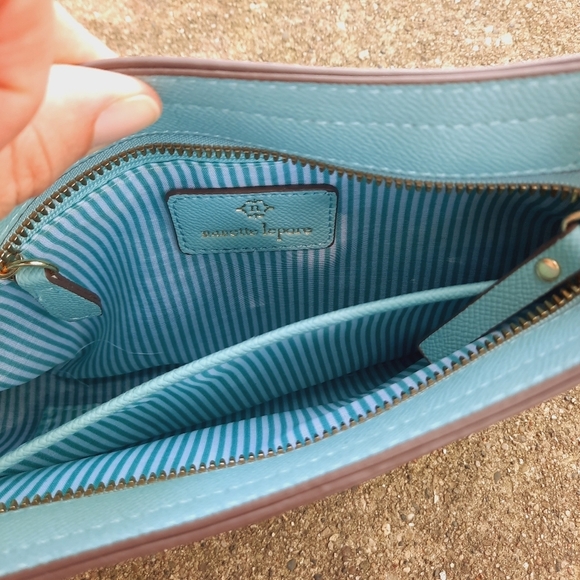NWOT Nanette Lepore Barri Baguette Baby Blue Embossed Logo Faux Leather Mini Bag - Picture 14 of 14